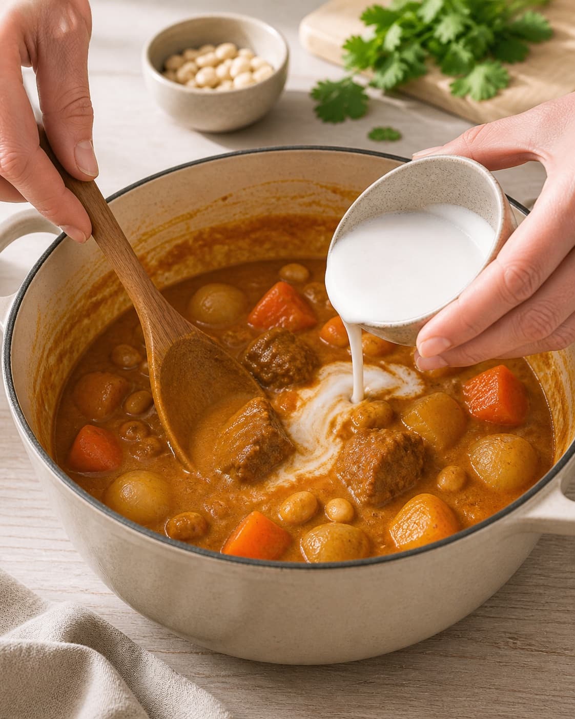 The texture of massaman curry being adjusted in the pot under tilberedningen af massaman curry