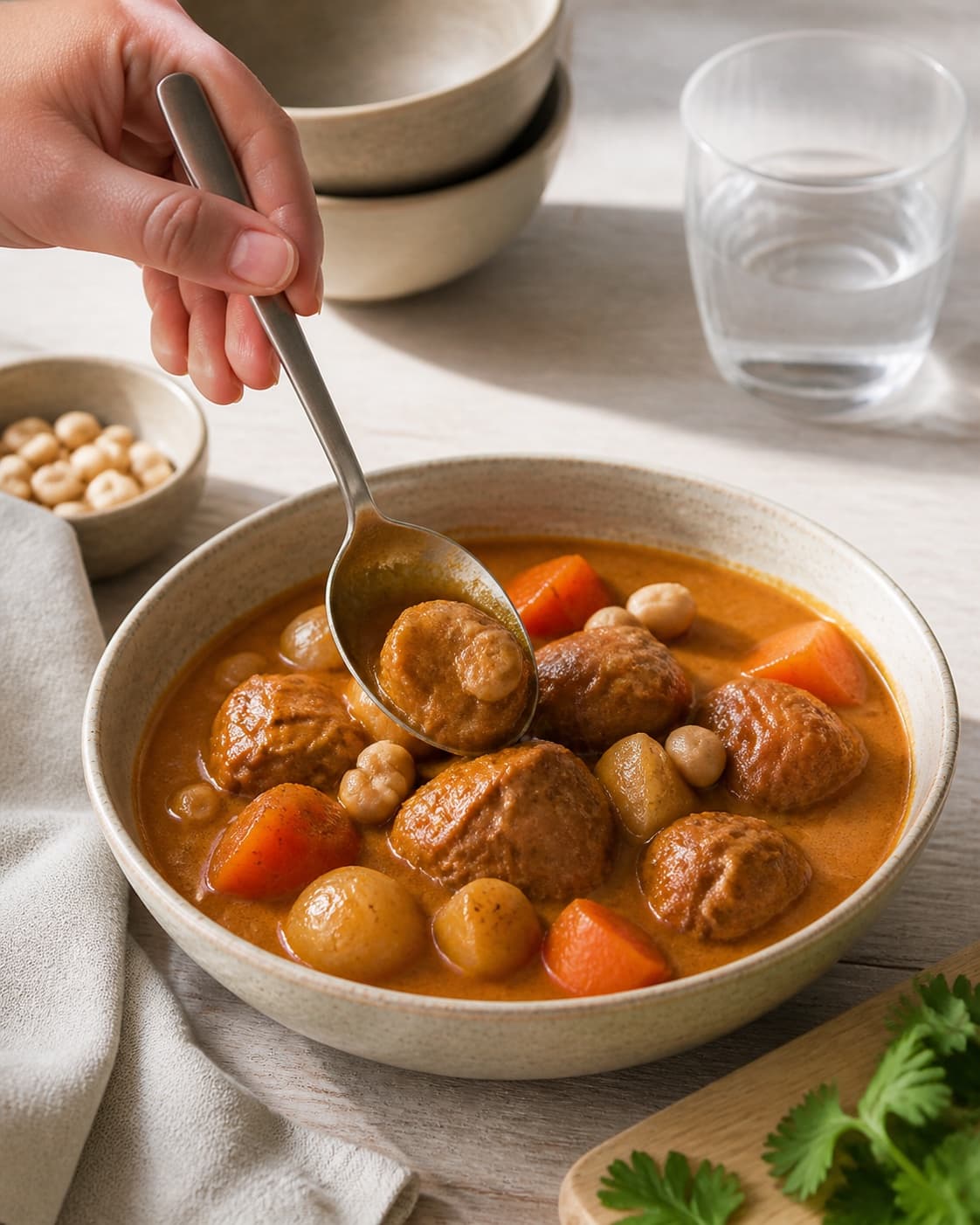 Finished massaman curry being served with a fresh restrained garnish under tilberedningen af massaman curry