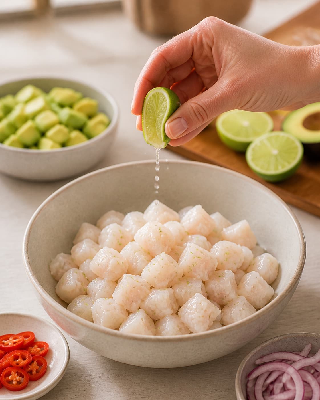 Food-safe chilled raw ingredients for ceviche med torsk, avocado og lime with modne avocadoer, torskefilet godkendt til rå servering, økologisk lime, rødløg under tilberedningen af ceviche med torsk, avocado og lime