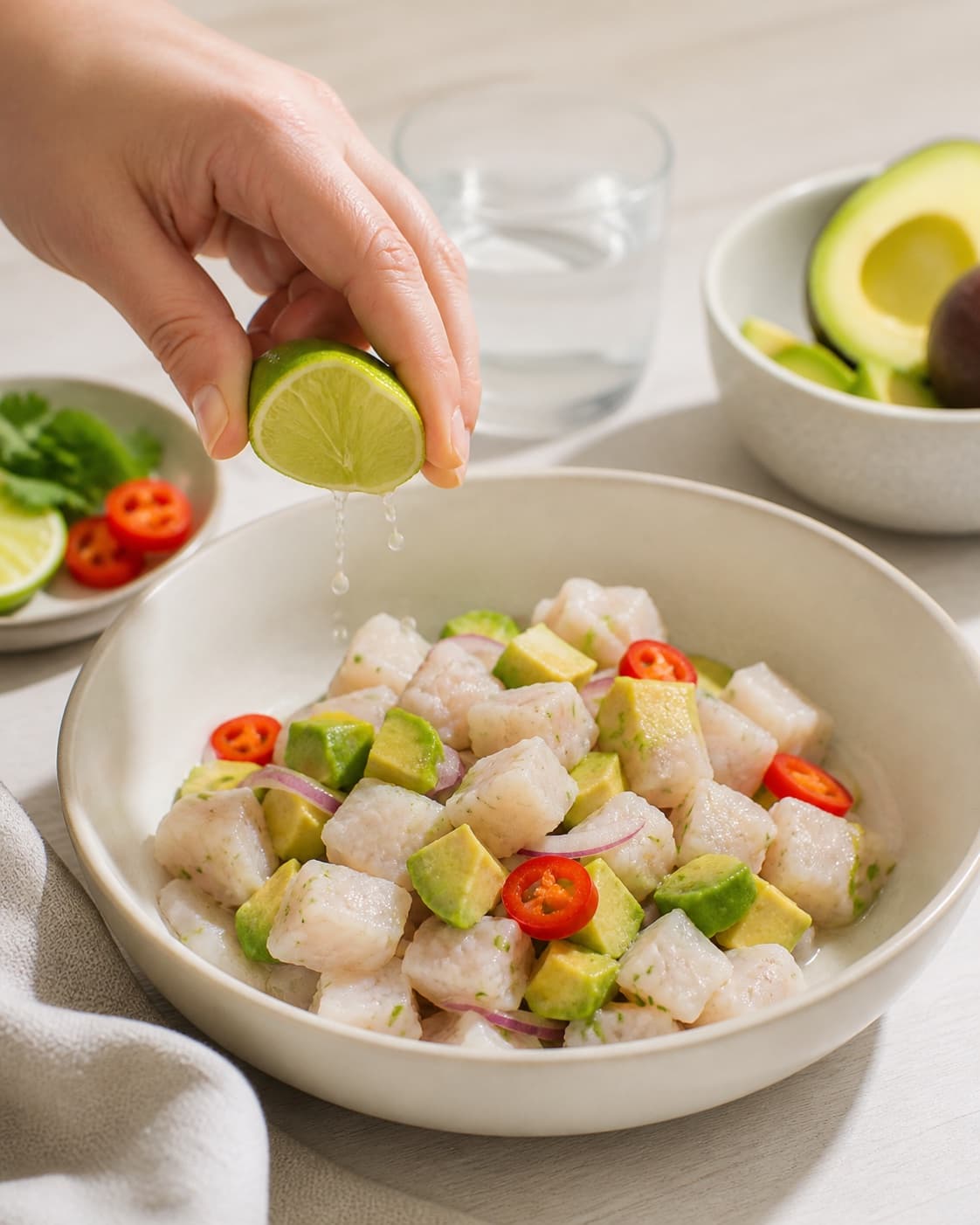 Even clean-cut chilled pieces being prepared for ceviche med torsk, avocado og lime under tilberedningen af ceviche med torsk, avocado og lime