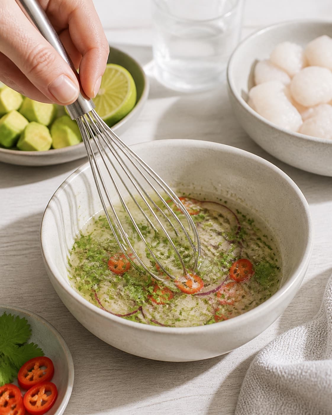 Citrus seasoning for ceviche med torsk, avocado og lime being mixed separately under tilberedningen af ceviche med torsk, avocado og lime