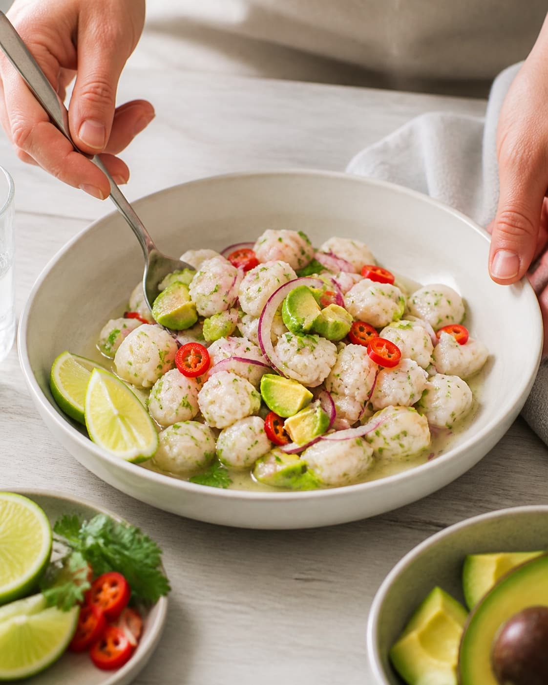ceviche med torsk, avocado og lime being gently combined in a chilled bowl under tilberedningen af ceviche med torsk, avocado og lime