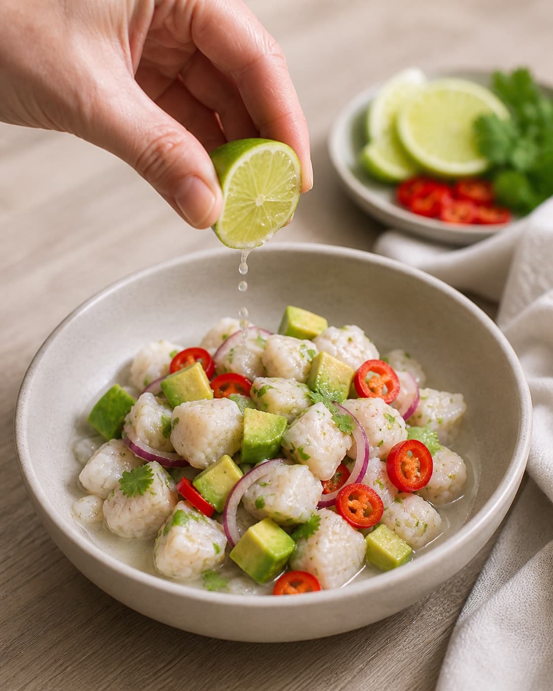 Freshly plated chilled ceviche med torsk, avocado og lime ready for immediate serving under tilberedningen af ceviche med torsk, avocado og lime