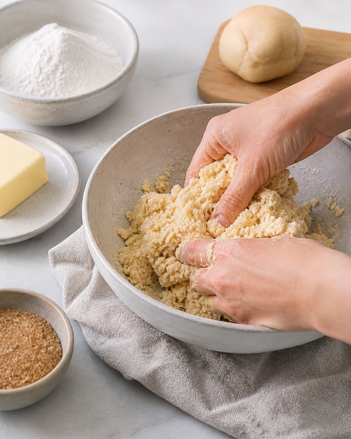 Measured ingredients for kransekagestykker arranged separately with marcipan, hvedemel, smør, rørsukker under tilberedningen af kransekagestykker