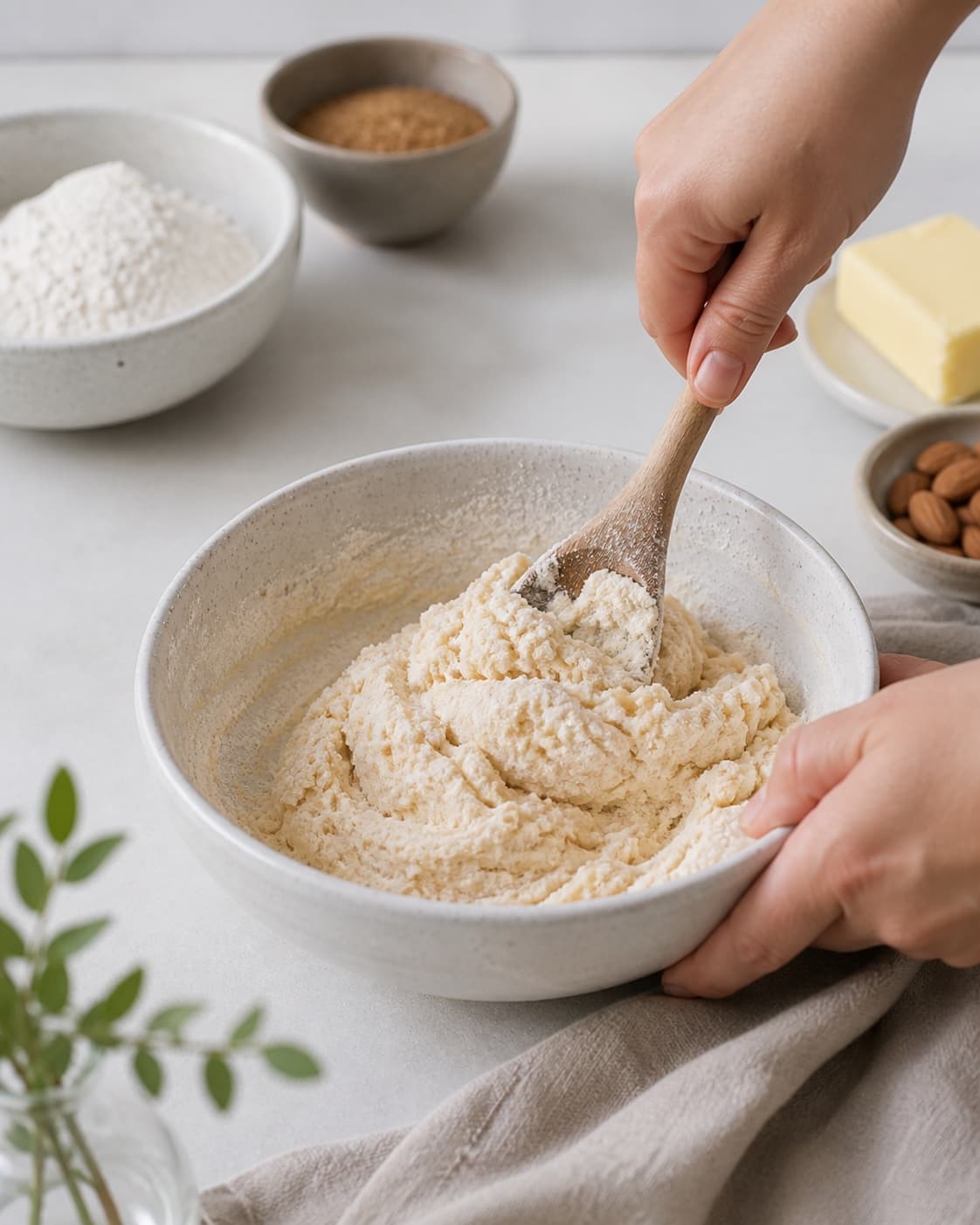 The batter or dough for kransekagestykker being gently combined under tilberedningen af kransekagestykker