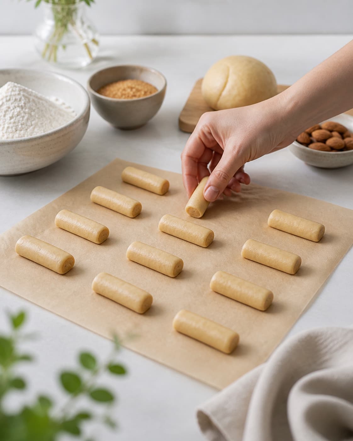 kransekagestykker being portioned evenly before baking under tilberedningen af kransekagestykker