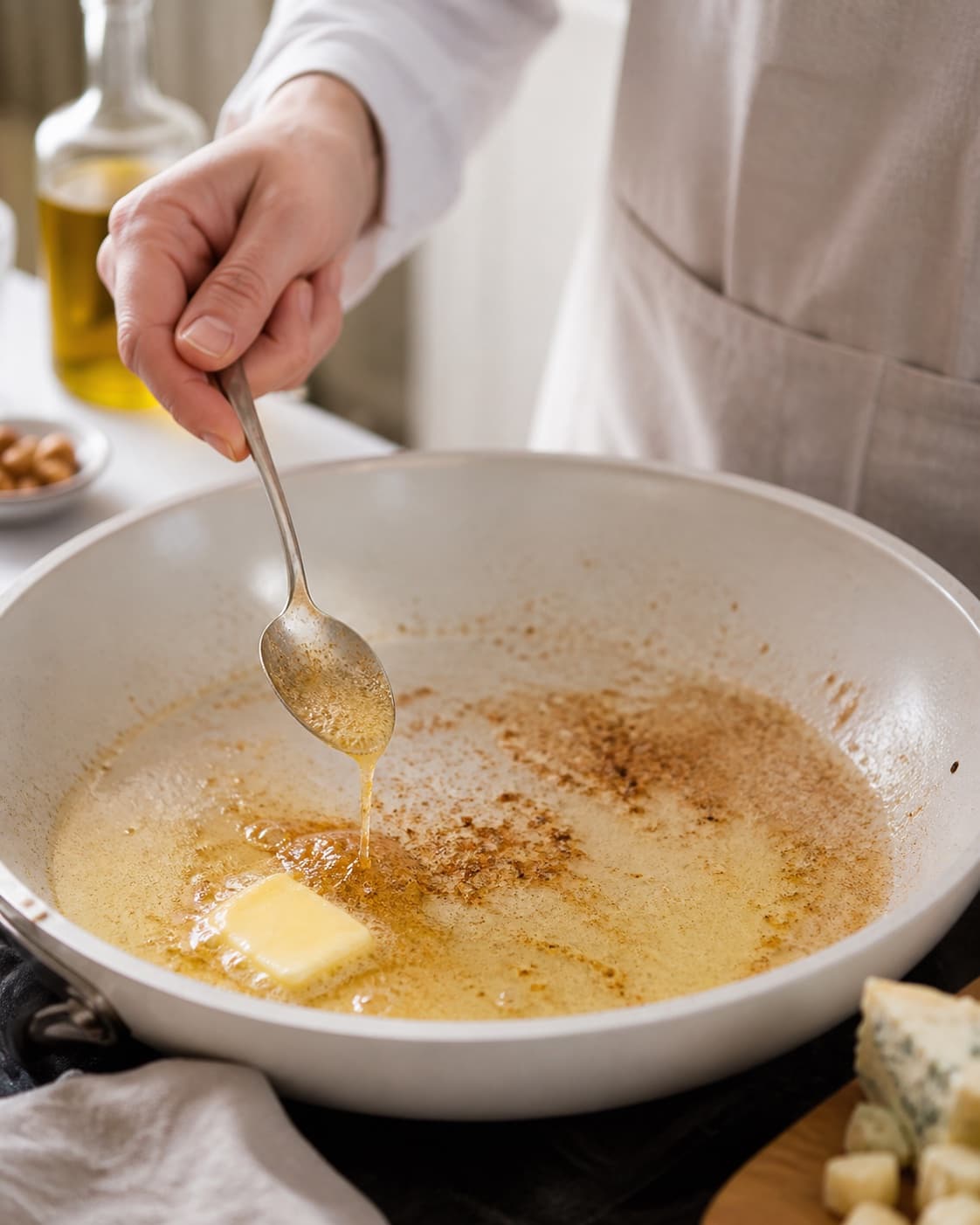Prepared dry ingredients for bagt selleri med brunet smør og blue cheese creme with knoldselleri, blåskimmelost, smør, rapsolie under tilberedningen af bagt selleri med brunet smør og blue cheese creme