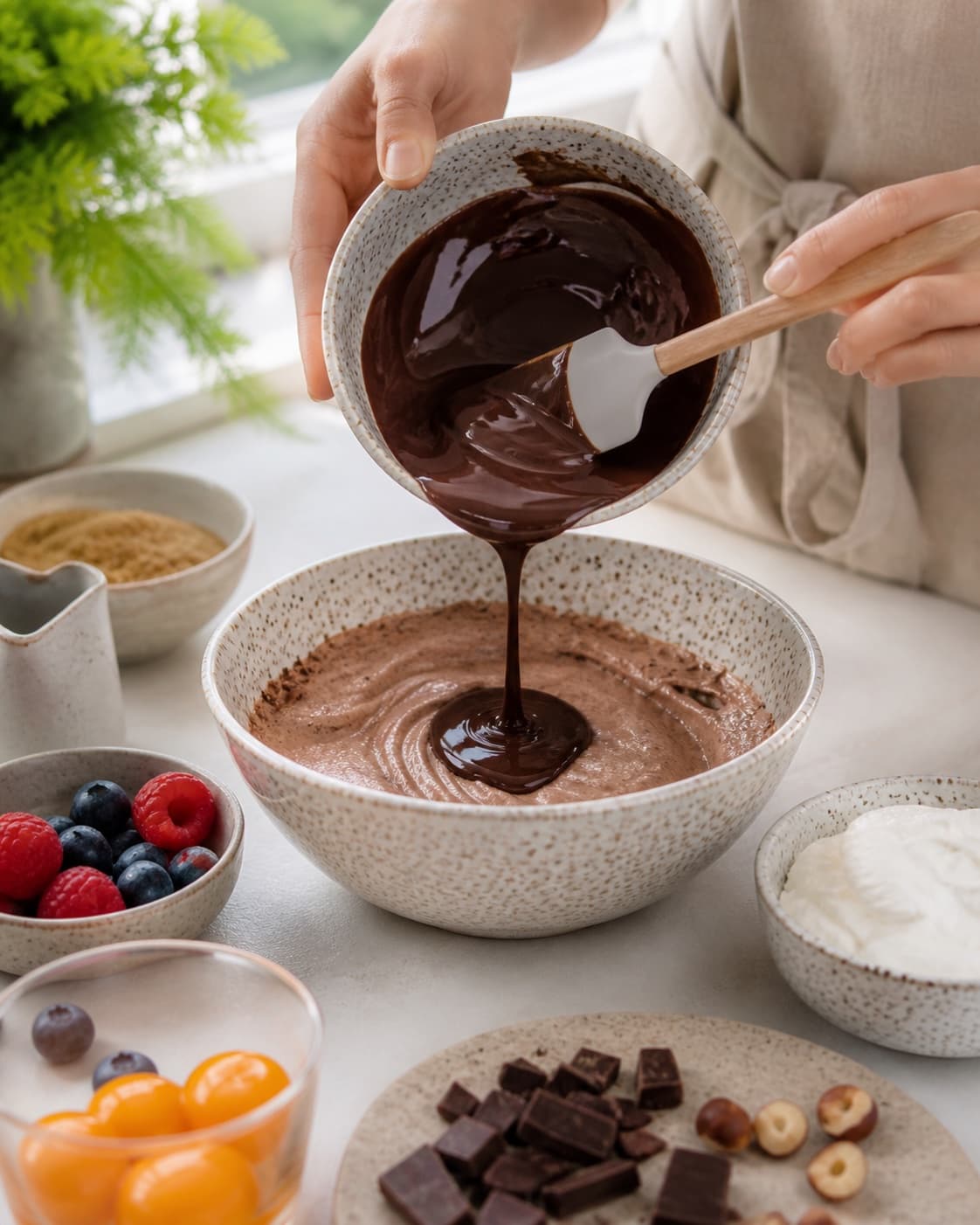 Clean prepared ingredients for chokolademousse med hasselnøddeknas og bær with mørk chokolade, piskefløde, pasteuriserede æggeblommer, rørsukker under tilberedningen af chokolademousse med hasselnøddeknas og bær