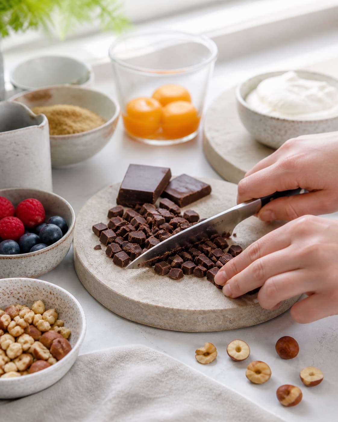 Ingredients for chokolademousse med hasselnøddeknas og bær being cut into even pieces under tilberedningen af chokolademousse med hasselnøddeknas og bær