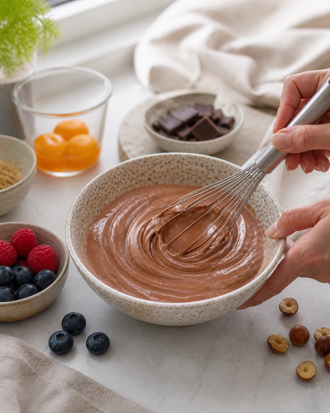 Dressing for chokolademousse med hasselnøddeknas og bær being whisked until glossy under tilberedningen af chokolademousse med hasselnøddeknas og bær