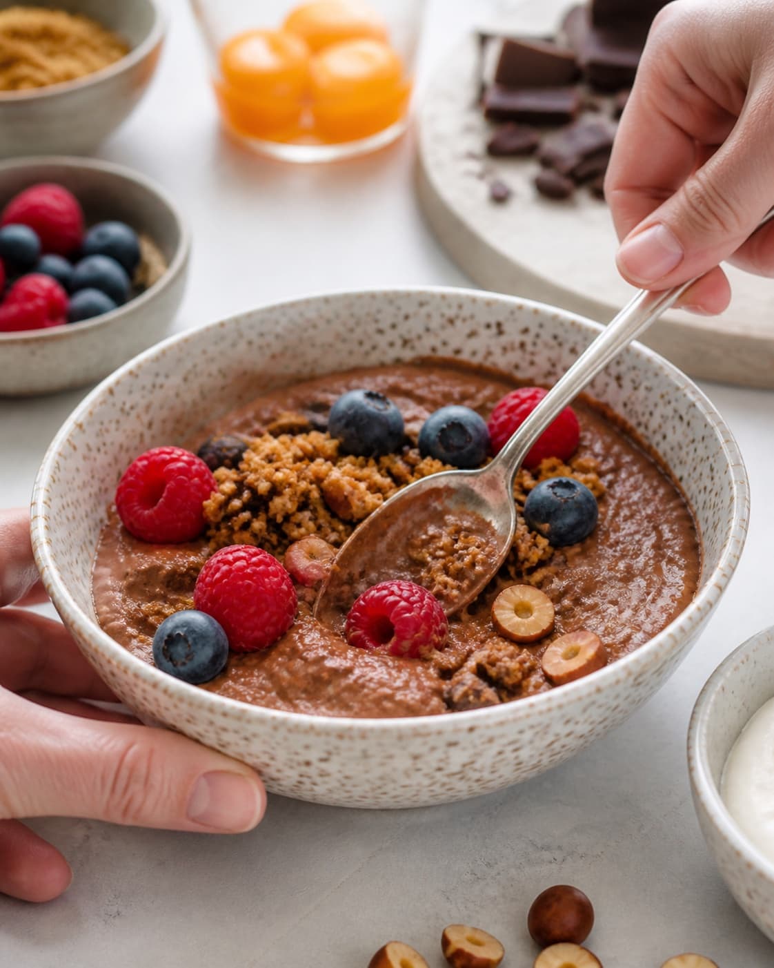 chokolademousse med hasselnøddeknas og bær being gently combined without crushing the ingredients under tilberedningen af chokolademousse med hasselnøddeknas og bær