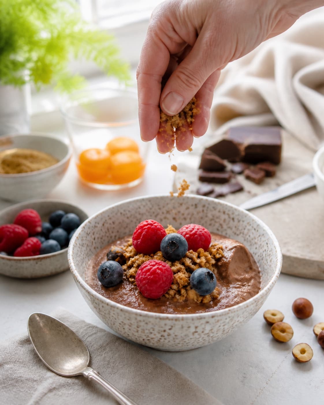 Fresh finished chokolademousse med hasselnøddeknas og bær receiving its final garnish under tilberedningen af chokolademousse med hasselnøddeknas og bær