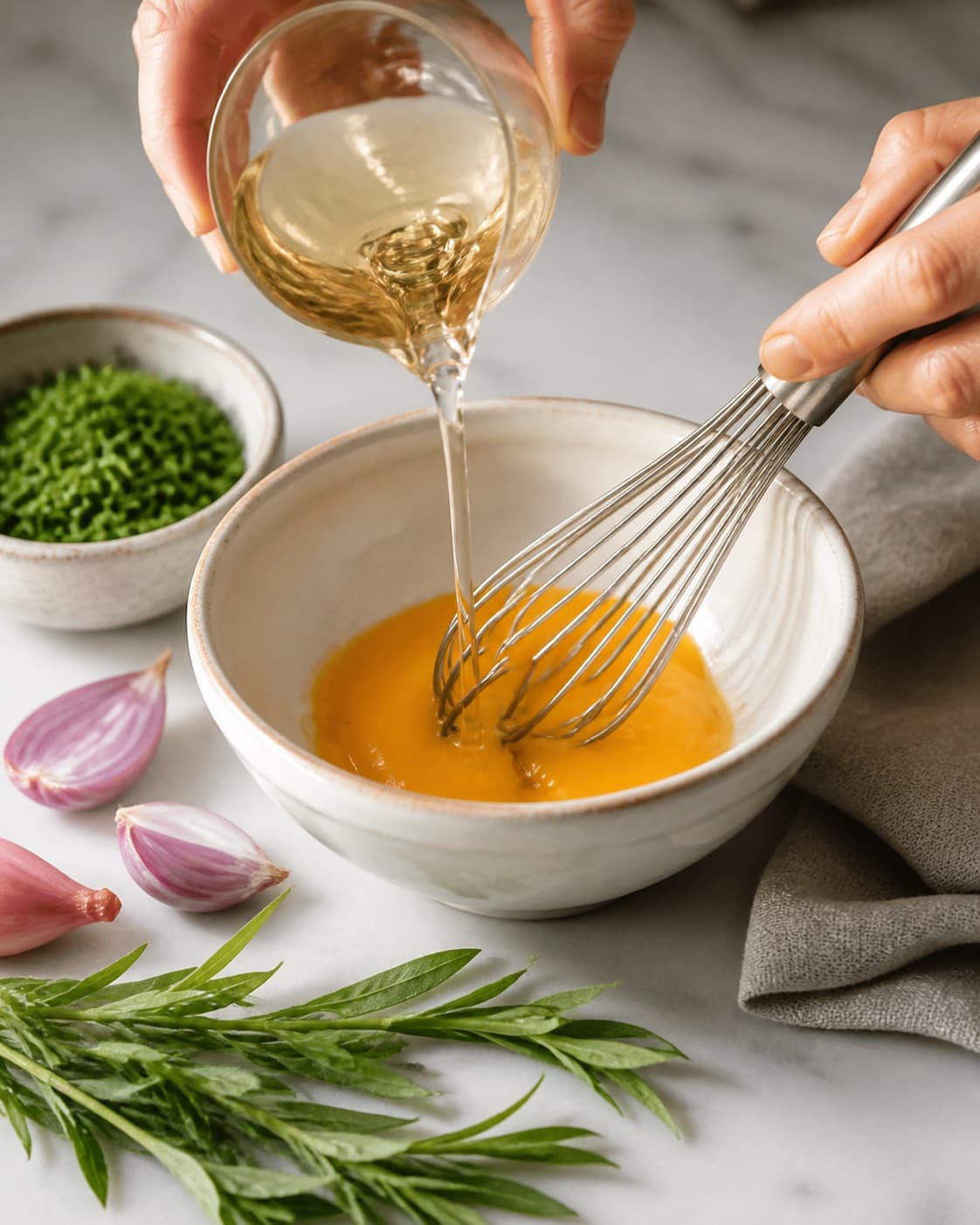 Clean prepared ingredients for bearnaise sauce with frisk estragon, skalotteløg, hvidvinseddike, pasteuriserede æggeblommer under tilberedningen af bearnaise sauce