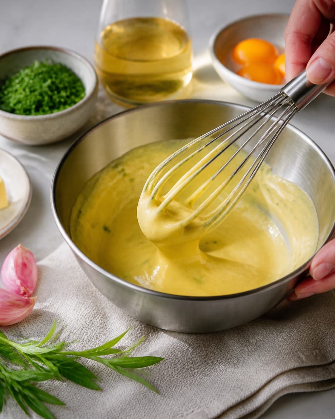 Dressing for bearnaise sauce being whisked until glossy under tilberedningen af bearnaise sauce