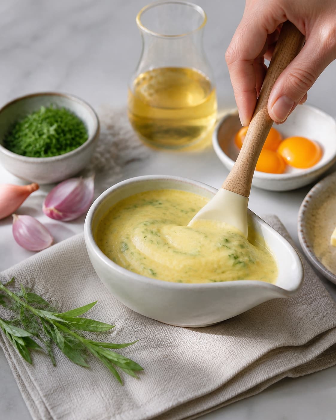 bearnaise sauce being gently combined without crushing the ingredients under tilberedningen af bearnaise sauce
