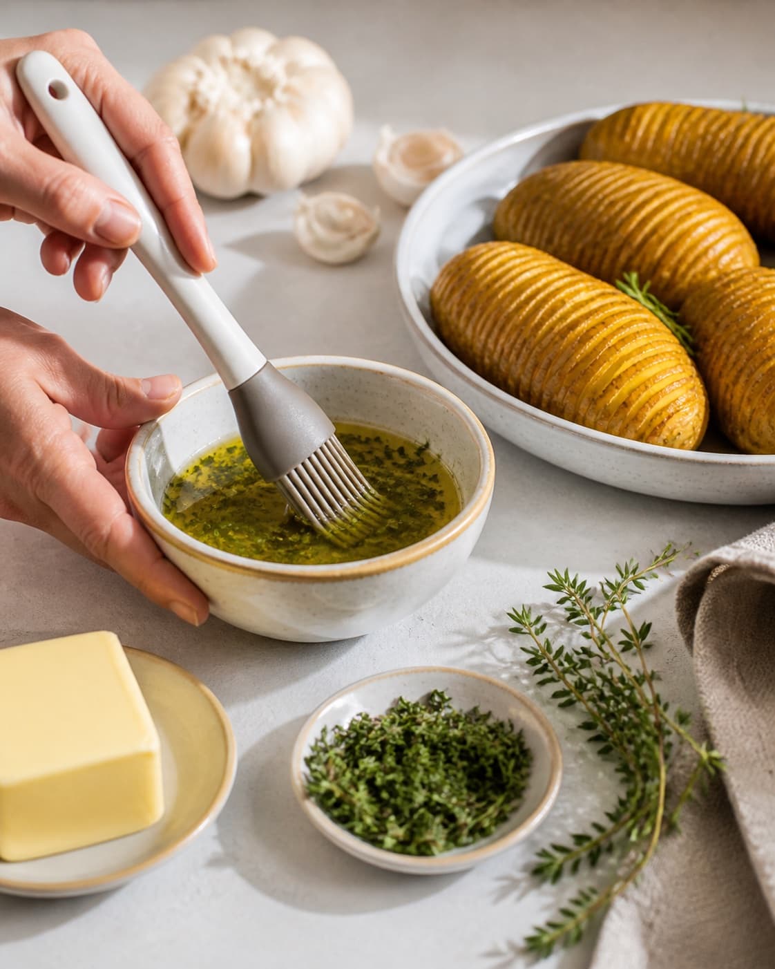 Prepared dry ingredients for hasselback kartofler with kartofler, smør, rapsolie, friske krydderurter under tilberedningen af hasselback kartofler