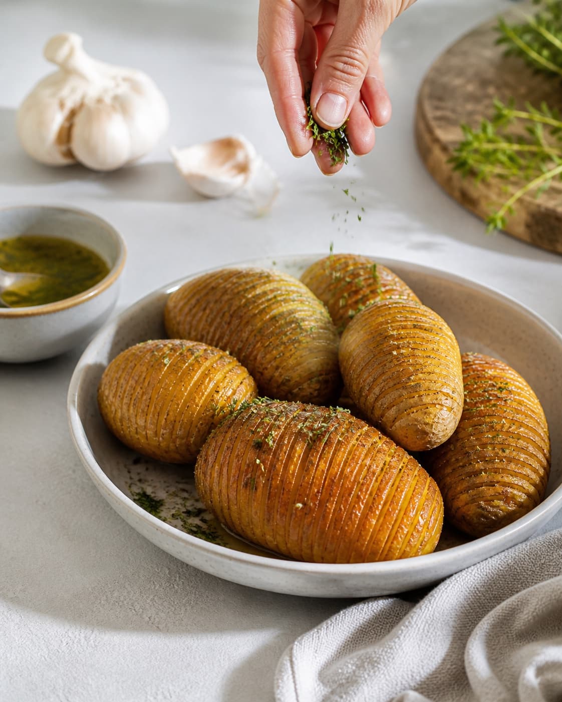 hasselback kartofler being evenly seasoned before roasting under tilberedningen af hasselback kartofler