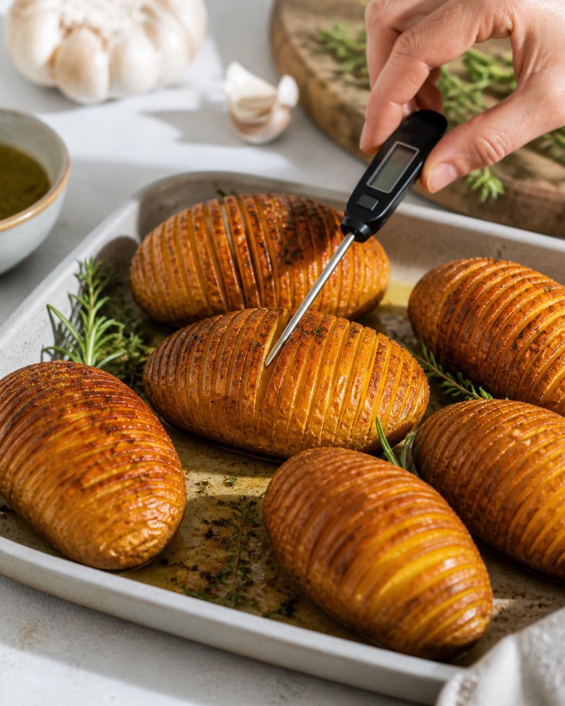 hasselback kartofler roasting evenly while its centre temperature is checked under tilberedningen af hasselback kartofler
