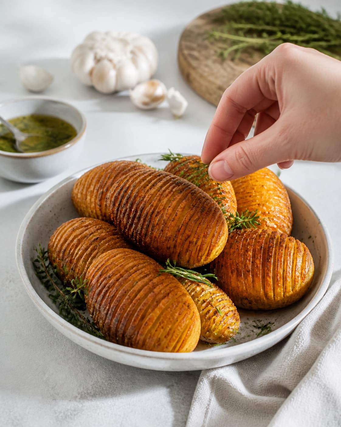 Finished hasselback kartofler resting before the final garnish under tilberedningen af hasselback kartofler