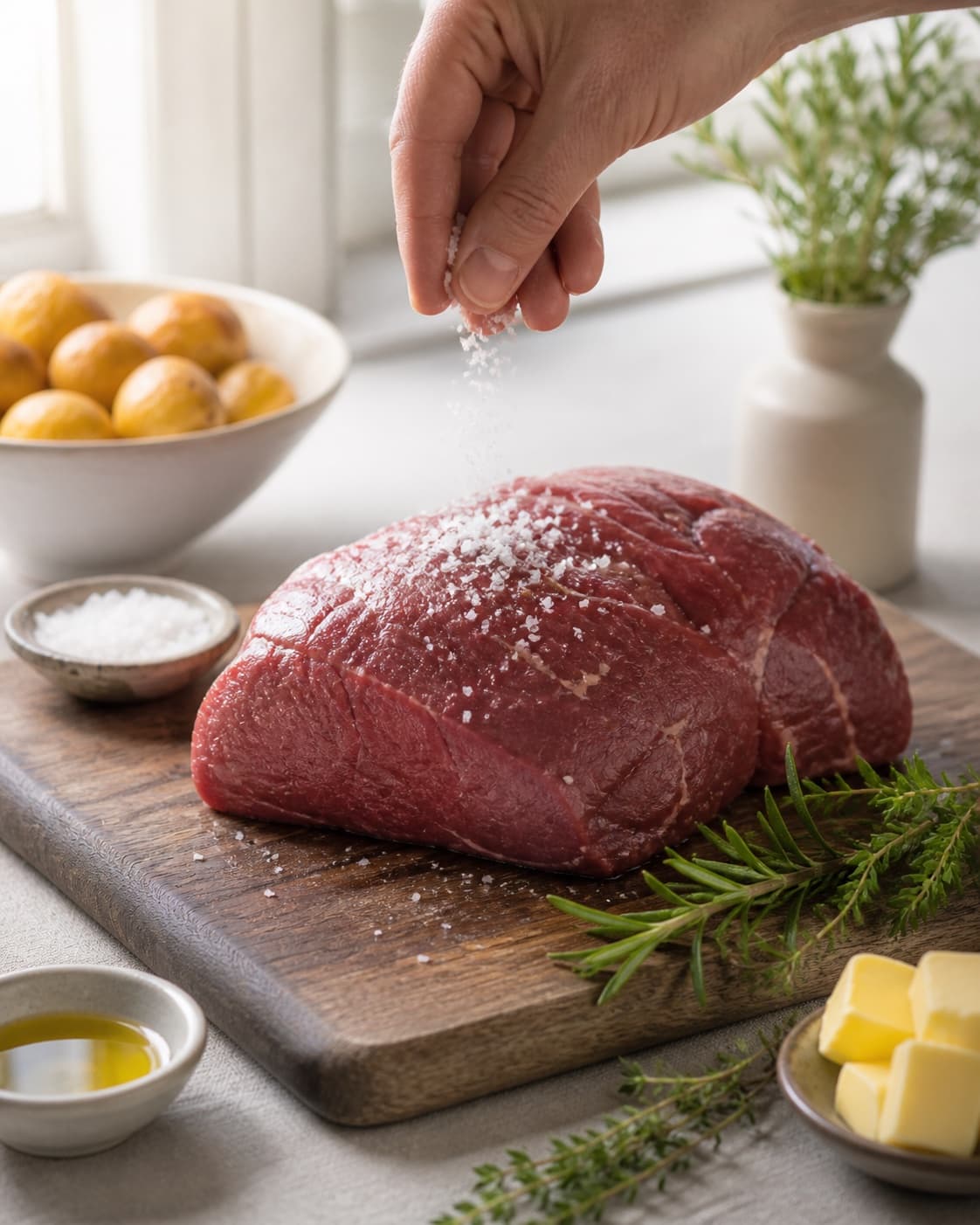 Prepared dry ingredients for culottesteg with okseculotte, smør, rapsolie, friske krydderurter under tilberedningen af culottesteg