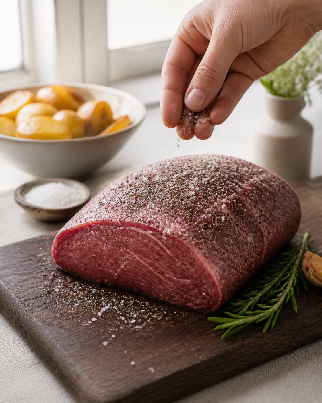culottesteg being evenly seasoned before roasting under tilberedningen af culottesteg