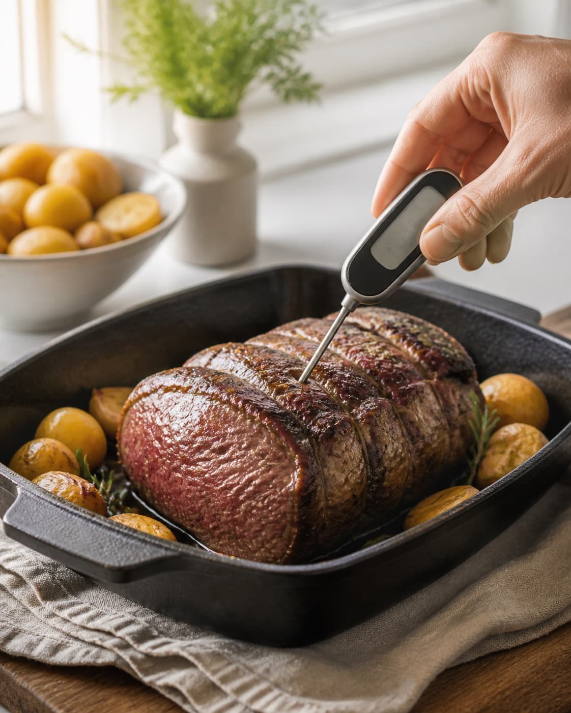 culottesteg roasting evenly while its centre temperature is checked under tilberedningen af culottesteg