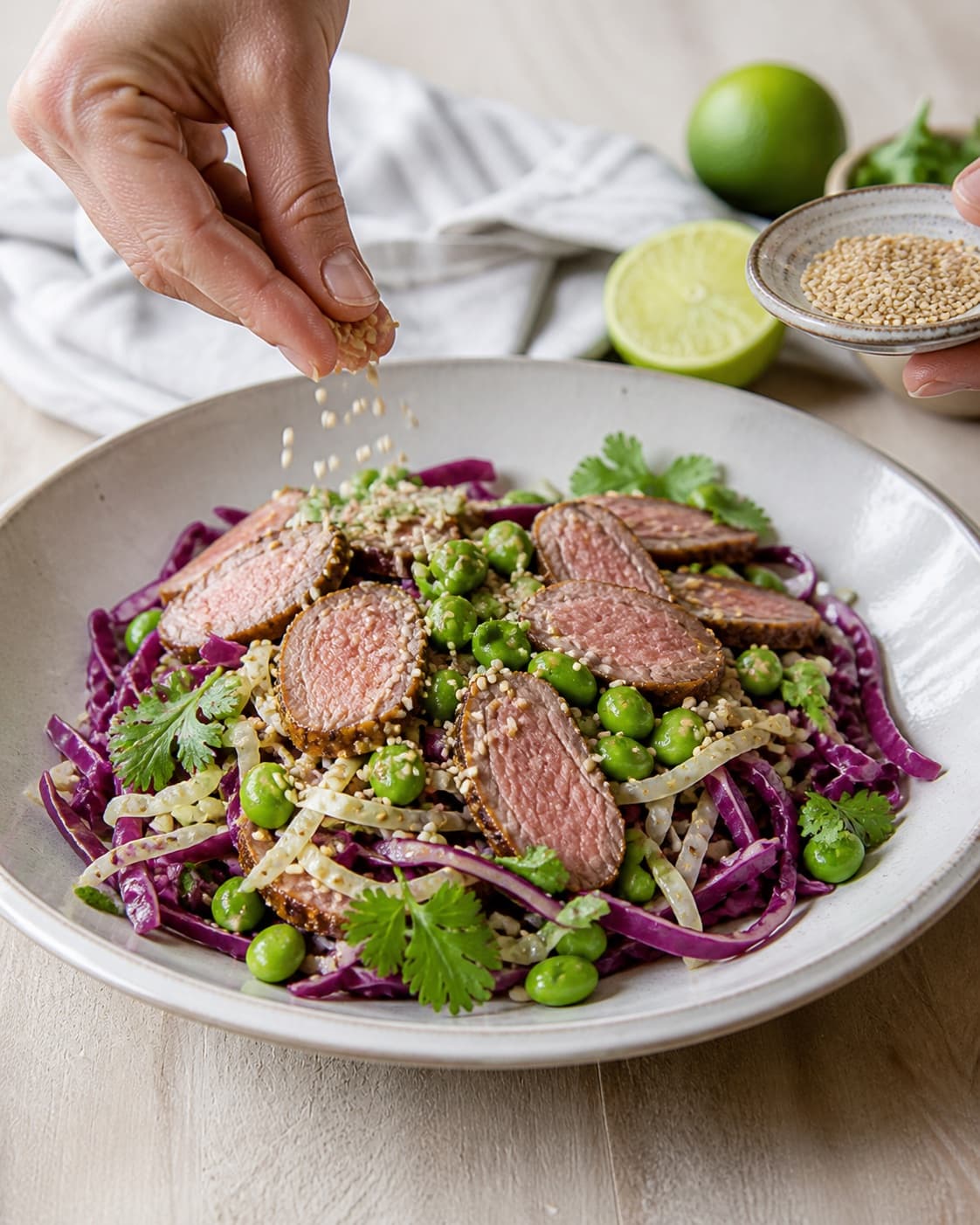 thai salat med and, sesam og soya being evenly seasoned before roasting under tilberedningen af thai salat med and, sesam og soya