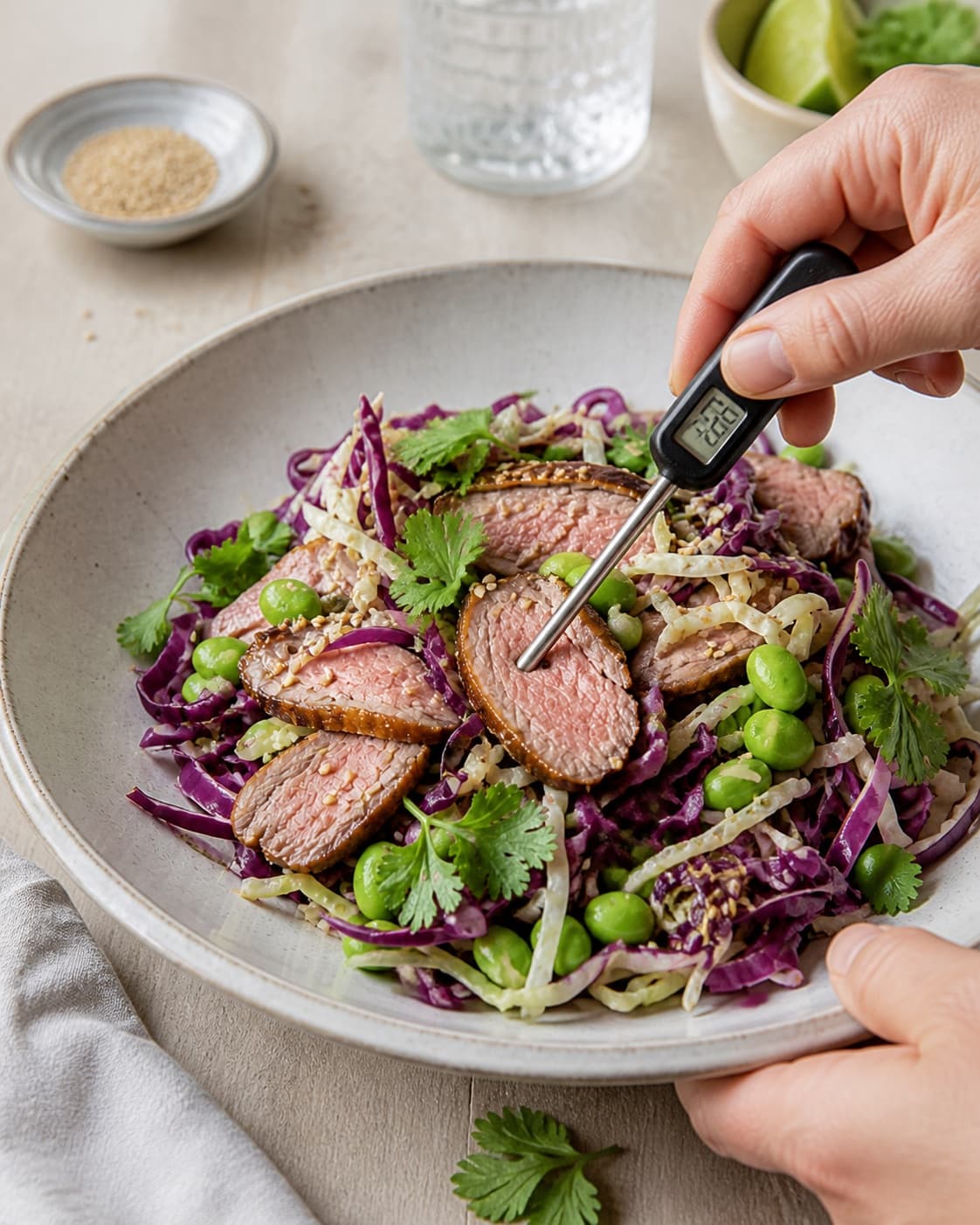 thai salat med and, sesam og soya roasting evenly while its centre temperature is checked under tilberedningen af thai salat med and, sesam og soya