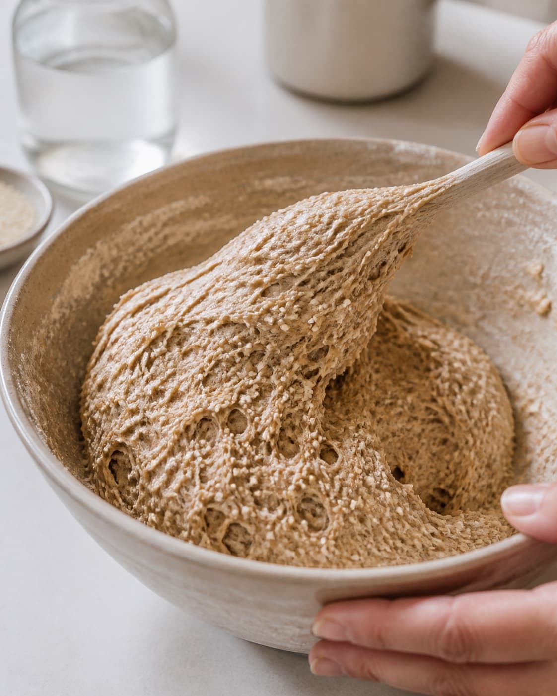 Close view of the moist dough for fuldkornsbrød med speltmel og sesamfrø being mixed in a bowl with sesamfrø, fuldkornsspeltmel, hvedemel, lunkent vand under tilberedningen af fuldkornsbrød med speltmel og sesamfrø