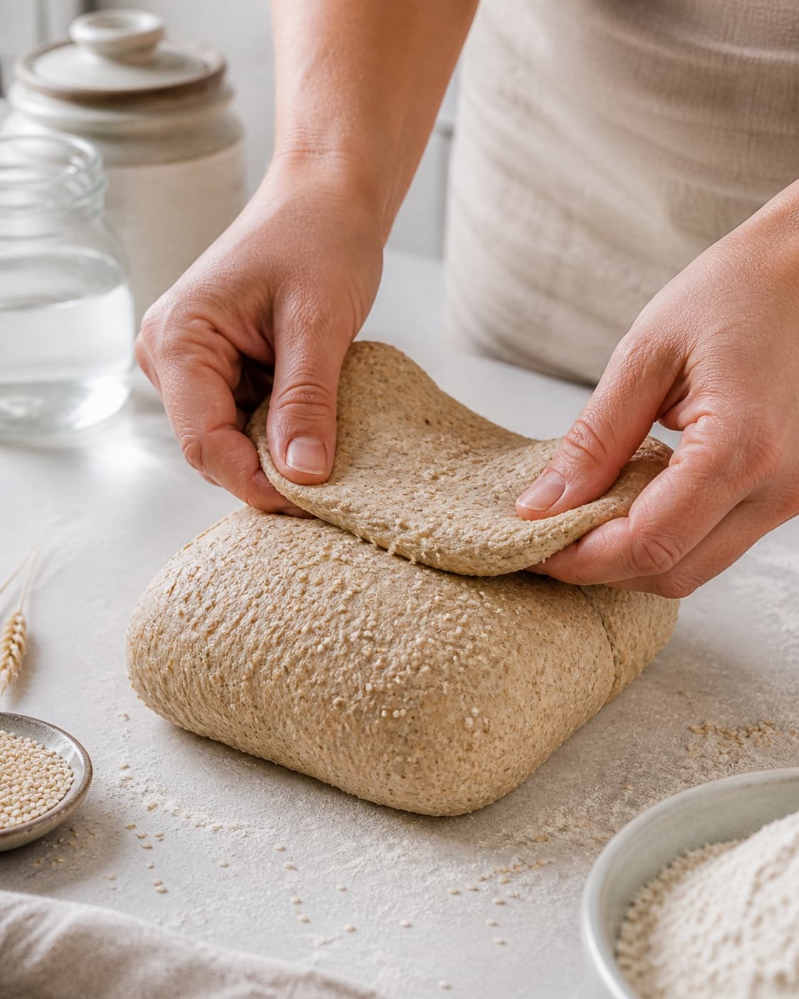 Hands gently folding elastic dough for fuldkornsbrød med speltmel og sesamfrø under tilberedningen af fuldkornsbrød med speltmel og sesamfrø