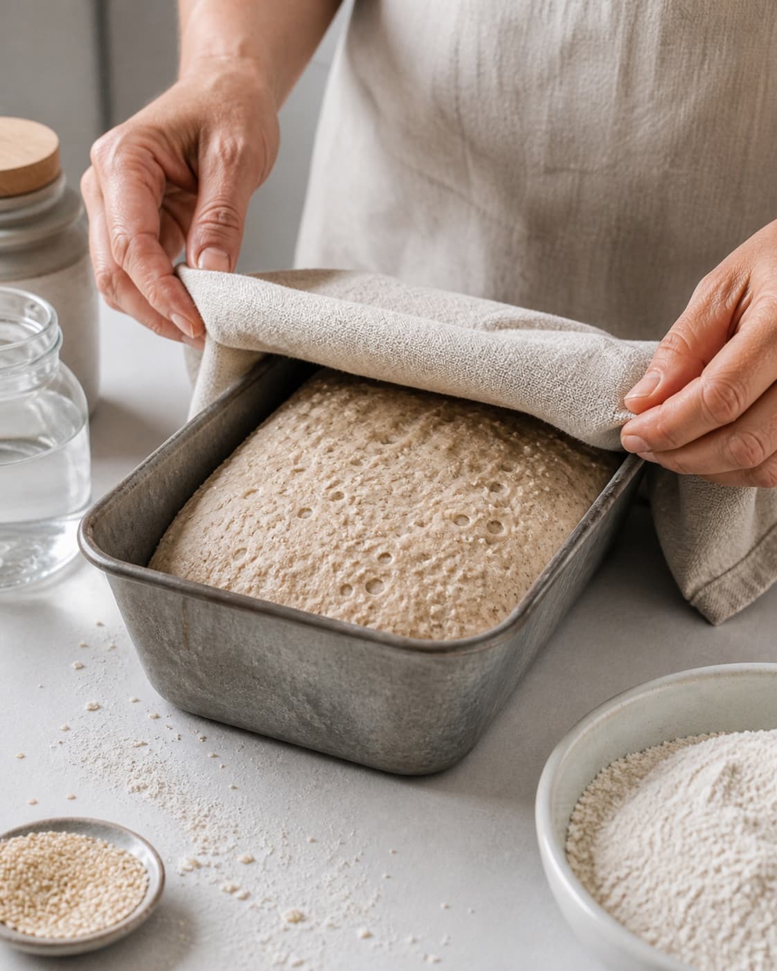 Proofed airy dough for fuldkornsbrød med speltmel og sesamfrø with visible fermentation bubbles under tilberedningen af fuldkornsbrød med speltmel og sesamfrø