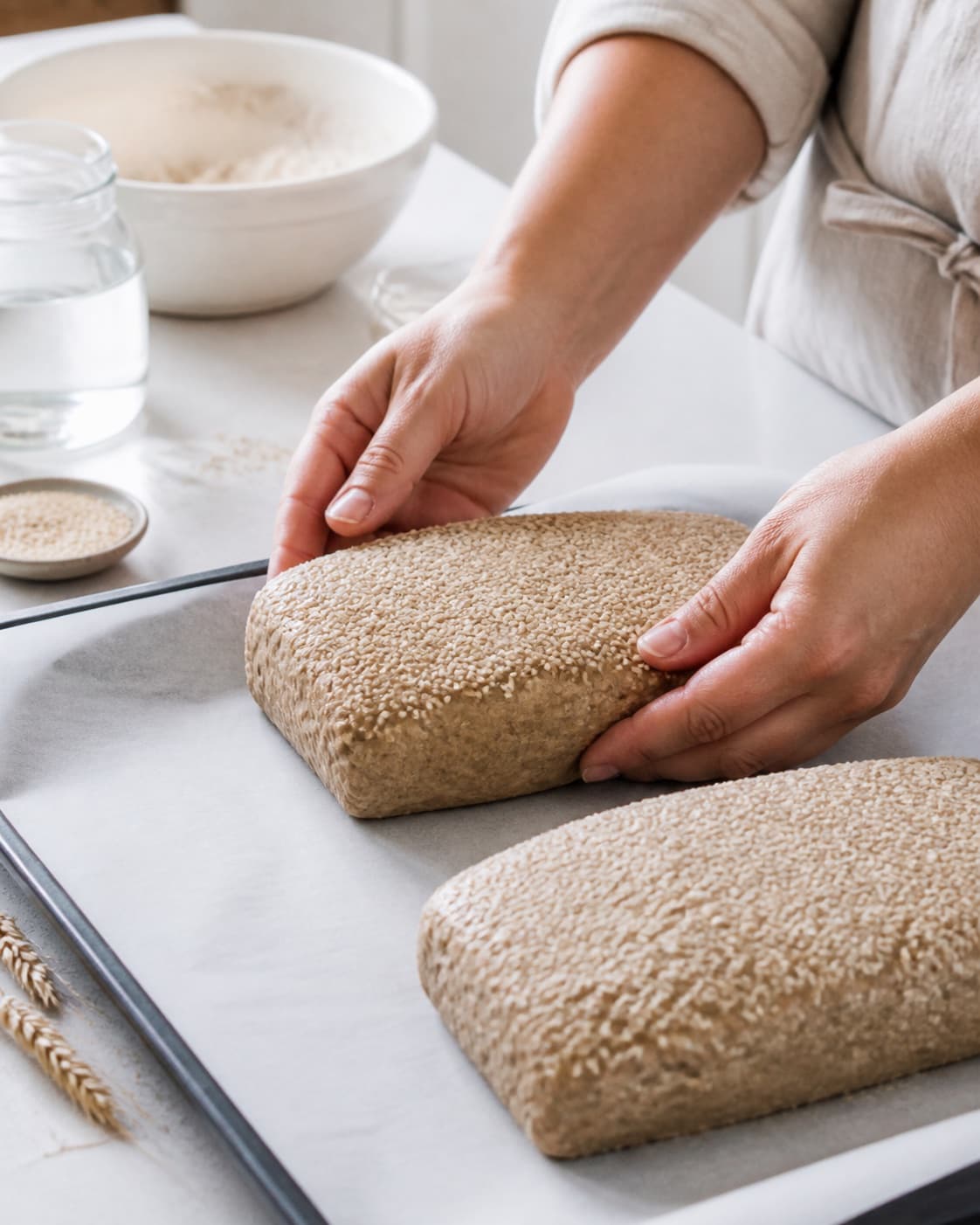Even pieces of fuldkornsbrød med speltmel og sesamfrø being shaped before baking under tilberedningen af fuldkornsbrød med speltmel og sesamfrø