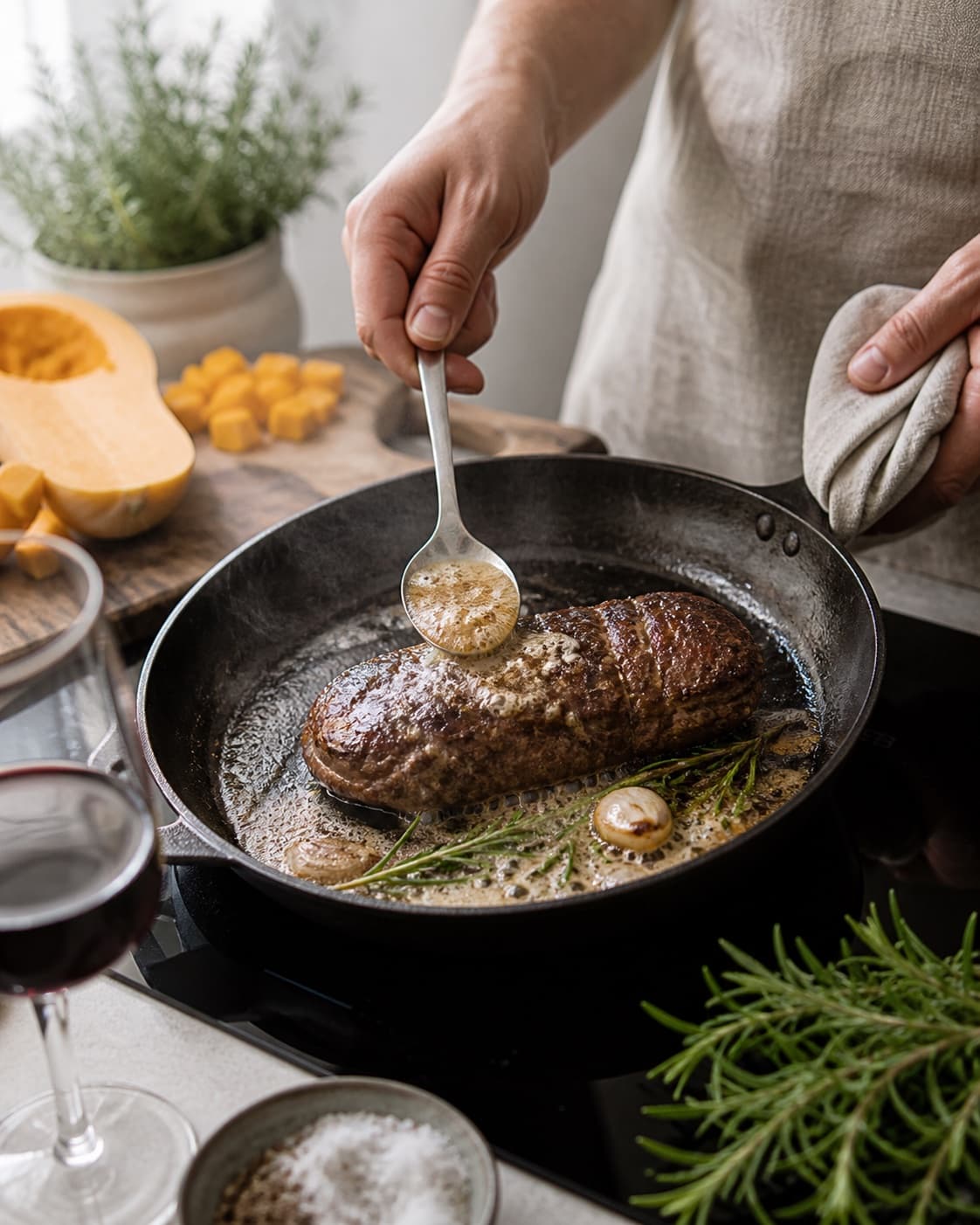 Prepared dry ingredients for krondyrfilet med brunet rosmarinsmør, græskarcreme og rødvinssauce with krondyrfilet, butternut squash, rødvin, frisk rosmarin under tilberedningen af krondyrfilet med brunet rosmarinsmør, græskarcreme og rødvinssauce