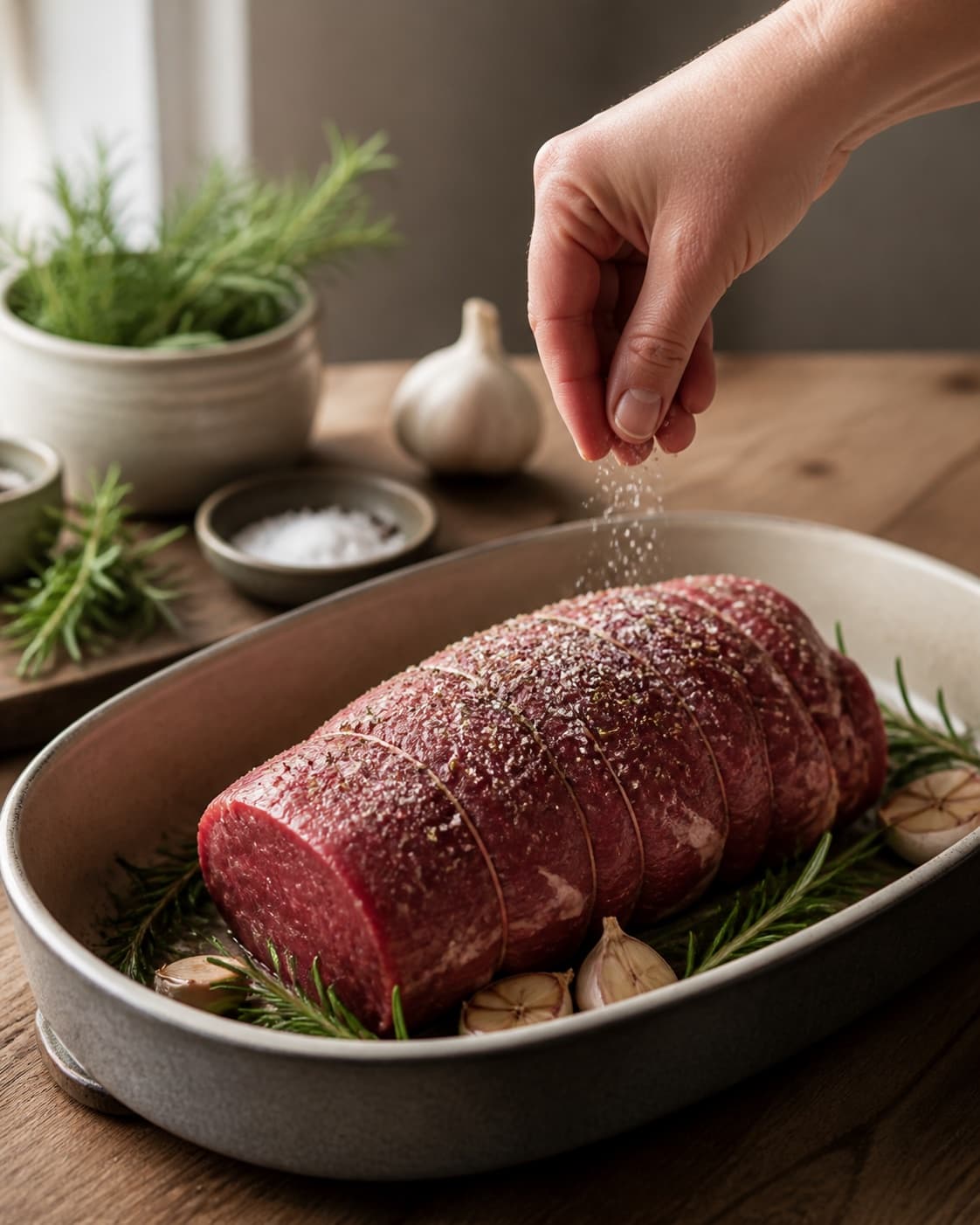 krondyrfilet med brunet rosmarinsmør, græskarcreme og rødvinssauce being evenly seasoned before roasting under tilberedningen af krondyrfilet med brunet rosmarinsmør, græskarcreme og rødvinssauce