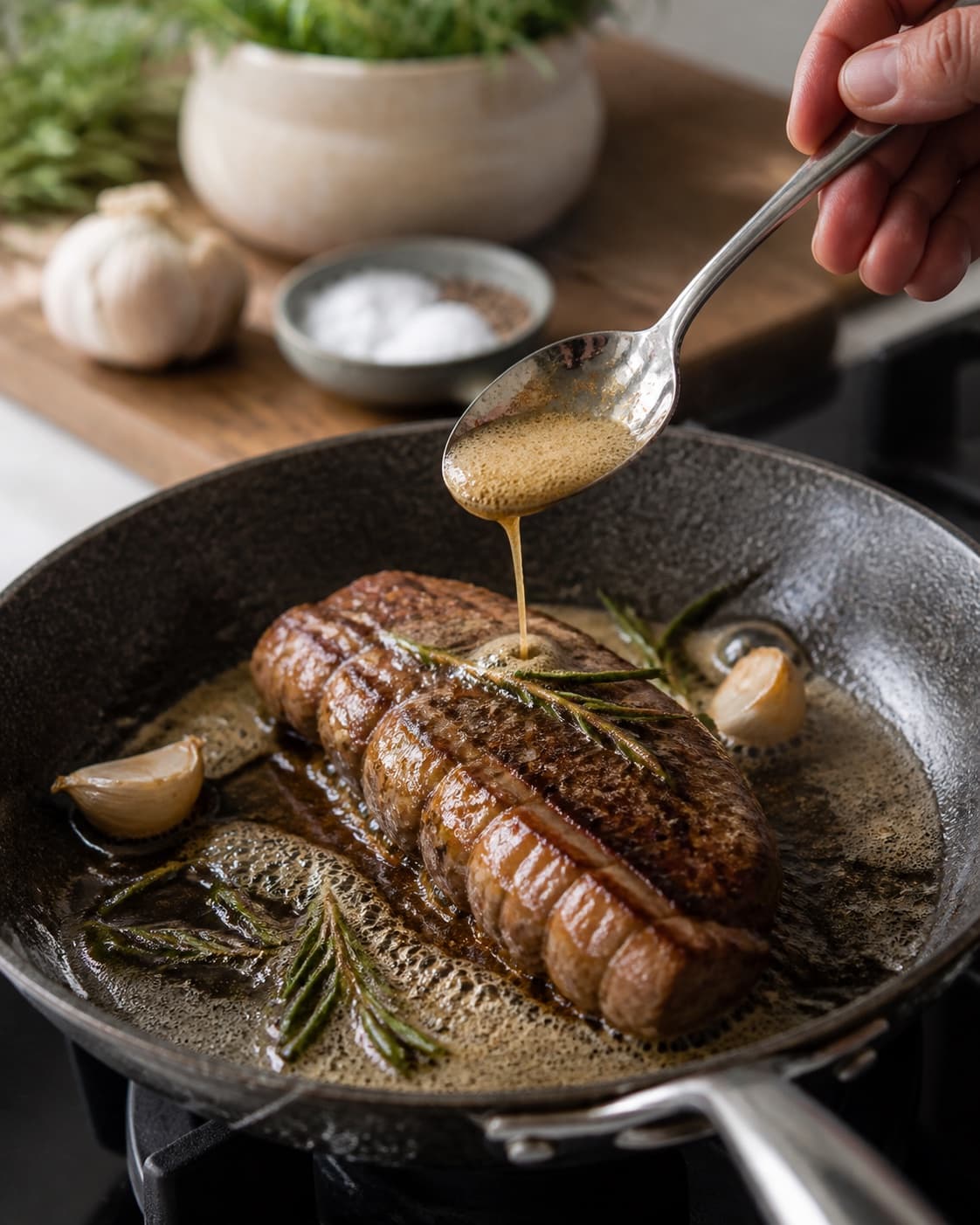 krondyrfilet med brunet rosmarinsmør, græskarcreme og rødvinssauce developing an even golden crust under tilberedningen af krondyrfilet med brunet rosmarinsmør, græskarcreme og rødvinssauce