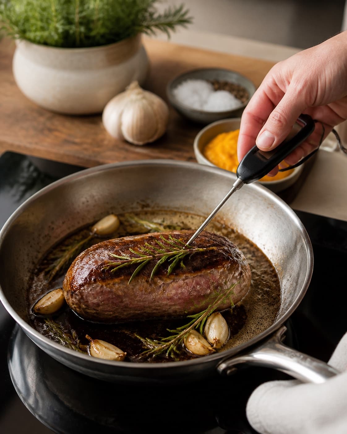 krondyrfilet med brunet rosmarinsmør, græskarcreme og rødvinssauce roasting evenly while its centre temperature is checked under tilberedningen af krondyrfilet med brunet rosmarinsmør, græskarcreme og rødvinssauce