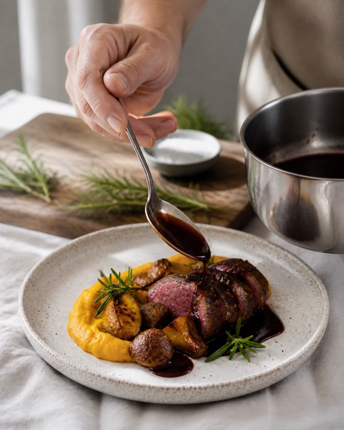Finished krondyrfilet med brunet rosmarinsmør, græskarcreme og rødvinssauce resting before the final garnish under tilberedningen af krondyrfilet med brunet rosmarinsmør, græskarcreme og rødvinssauce