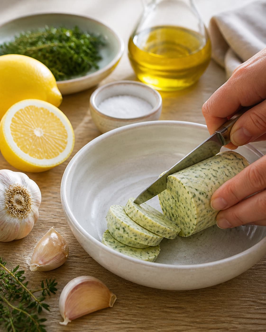 Clean prepared ingredients for hjemmelavet hvidløgssmør with hvidløgssmør, økologisk citron, ekstra jomfruolivenolie, friske krydderurter under tilberedningen af hjemmelavet hvidløgssmør
