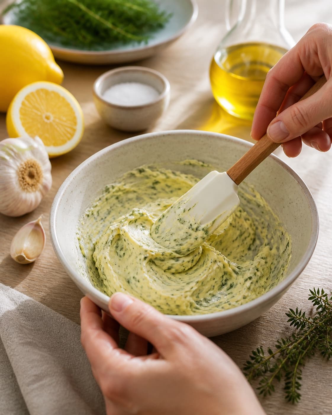 hjemmelavet hvidløgssmør being gently combined without crushing the ingredients under tilberedningen af hjemmelavet hvidløgssmør