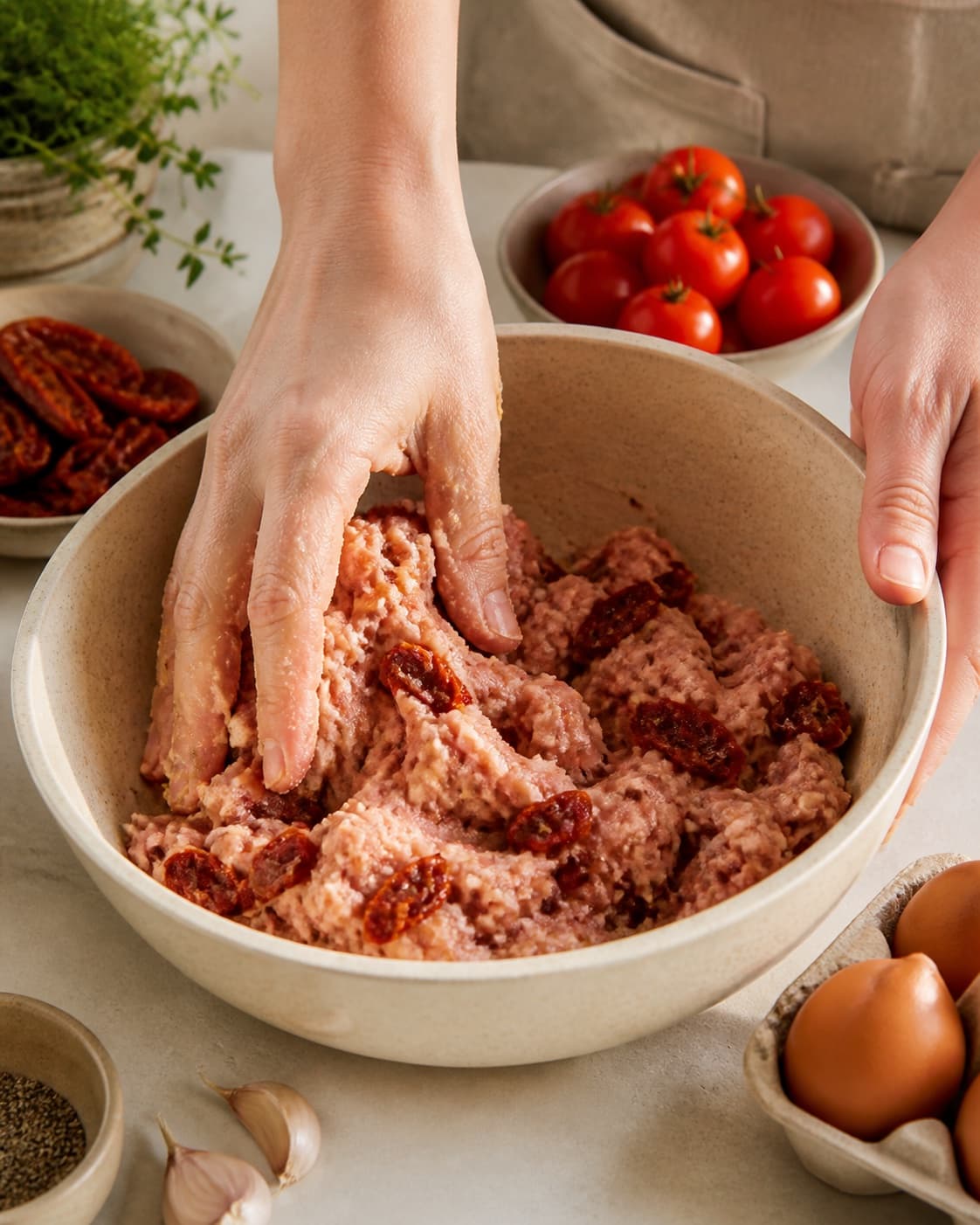 Prepared mixture for kyllingefrikadeller med soltørrede tomater with soltørrede tomater, modne tomater, kyllingekød, æg under tilberedningen af kyllingefrikadeller med soltørrede tomater