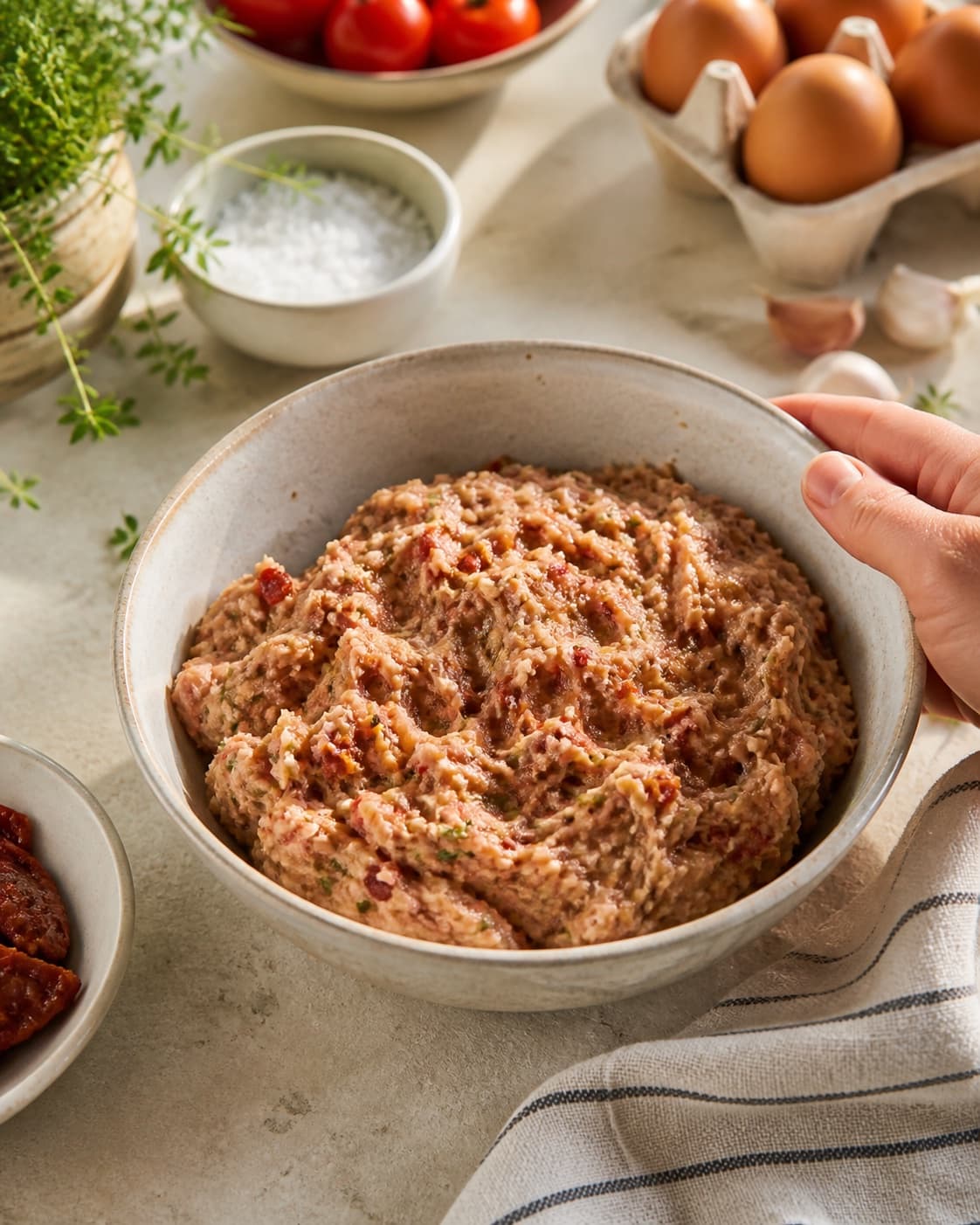 Rested cohesive mixture for kyllingefrikadeller med soltørrede tomater ready for the pan under tilberedningen af kyllingefrikadeller med soltørrede tomater