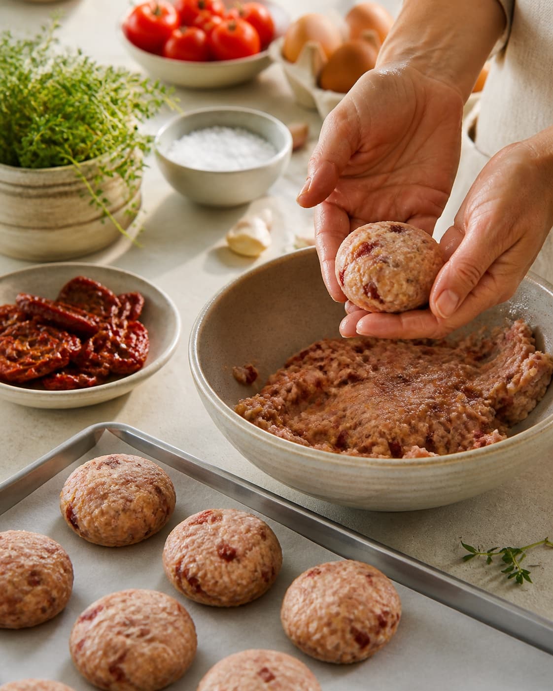 Equal portions of kyllingefrikadeller med soltørrede tomater being formed under tilberedningen af kyllingefrikadeller med soltørrede tomater