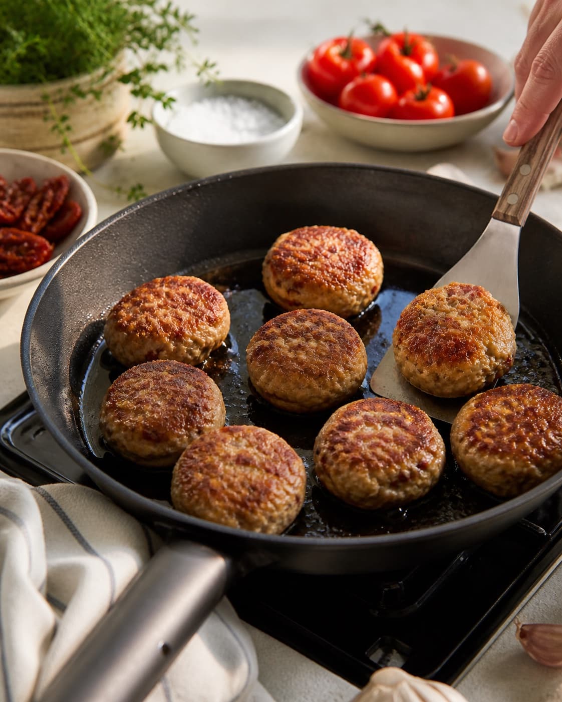 kyllingefrikadeller med soltørrede tomater frying to an even golden crust in a pan under tilberedningen af kyllingefrikadeller med soltørrede tomater
