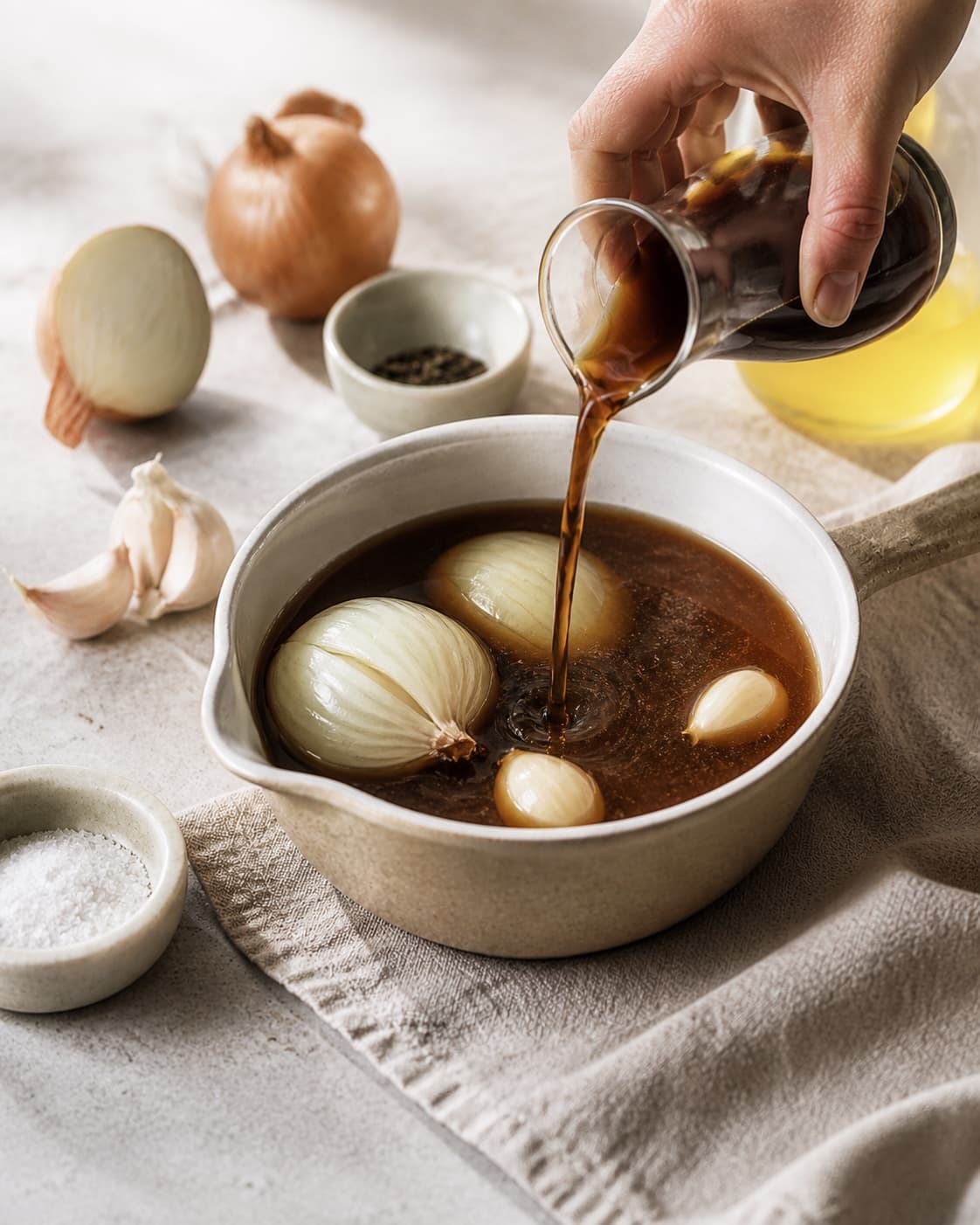 Mise en place for brun sovs with oksefond, zittauerløg, hvidløg, grøntsags- eller kødfond under tilberedningen af brun sovs