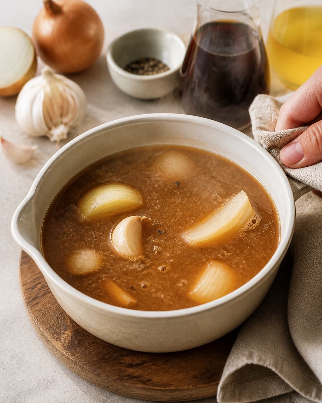 brun sovs gently simmering with visible ingredients under tilberedningen af brun sovs
