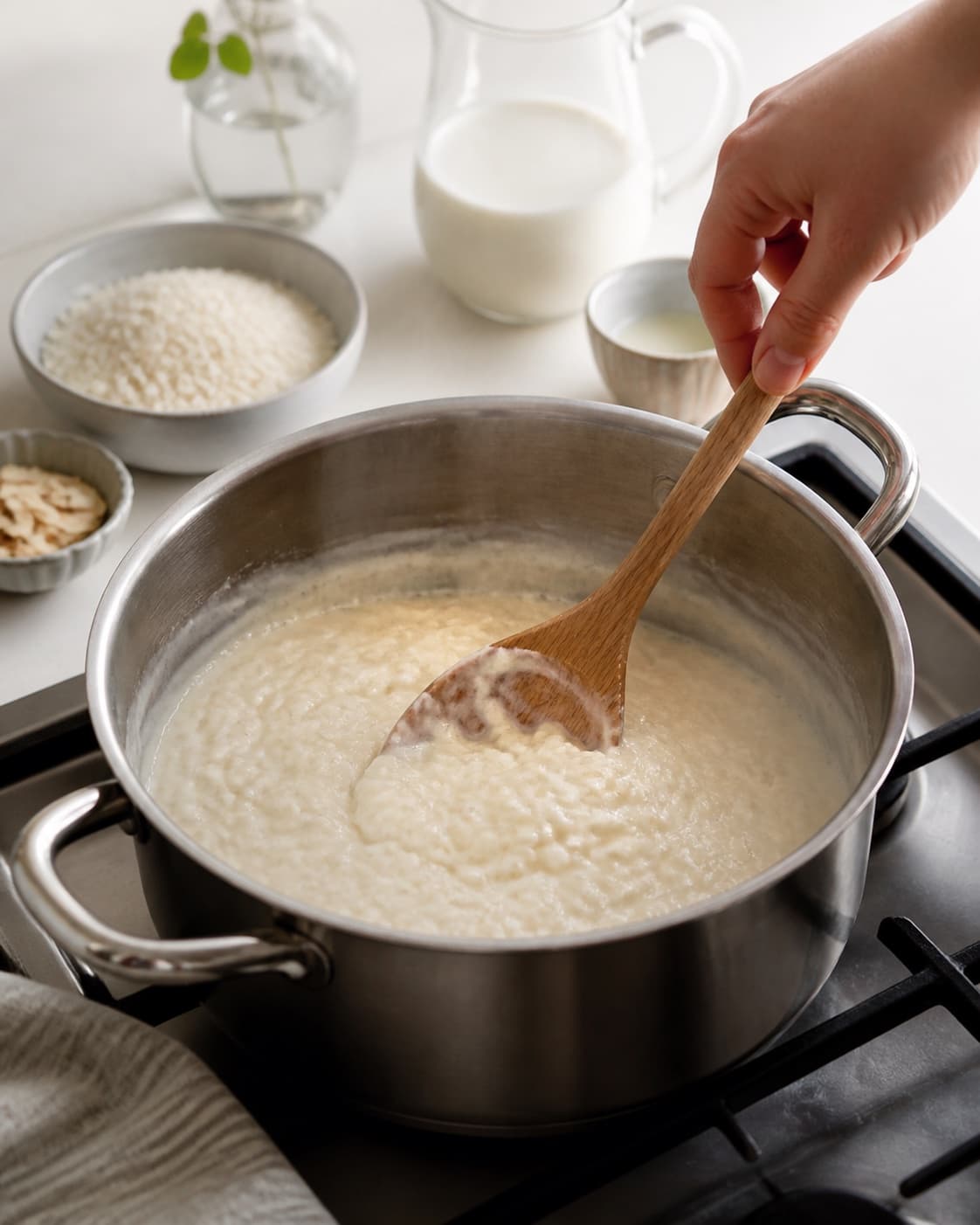 Aromatic base for klassisk risalamande gently cooking in a pot under tilberedningen af klassisk risalamande