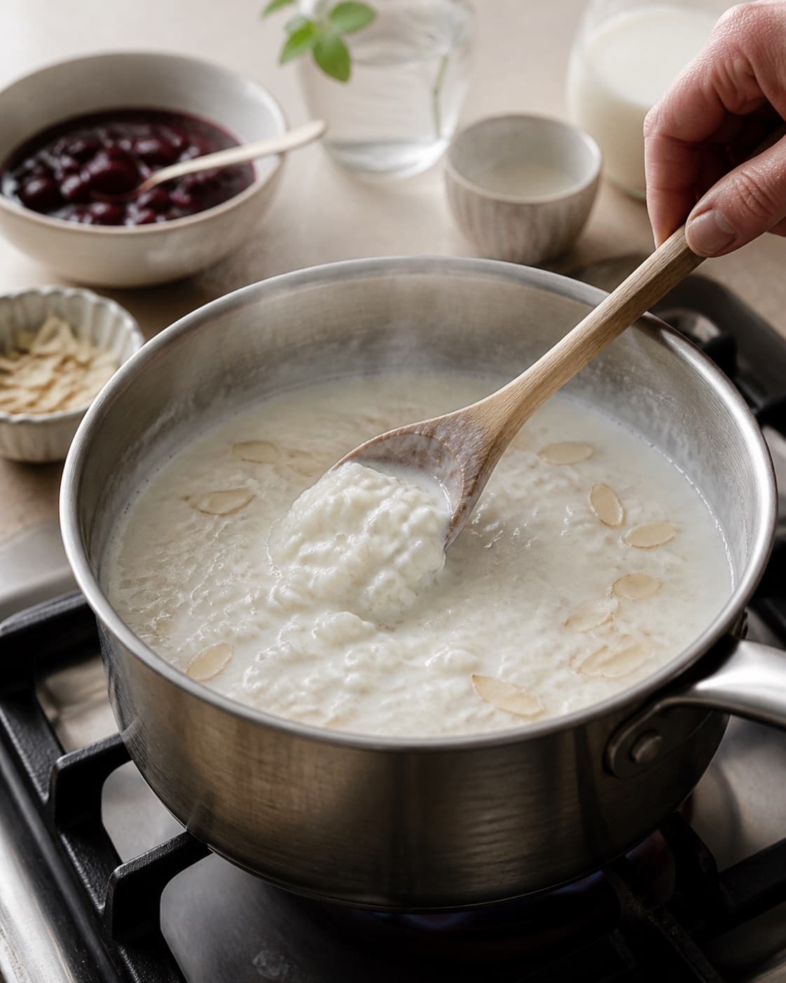 klassisk risalamande gently simmering with visible ingredients under tilberedningen af klassisk risalamande