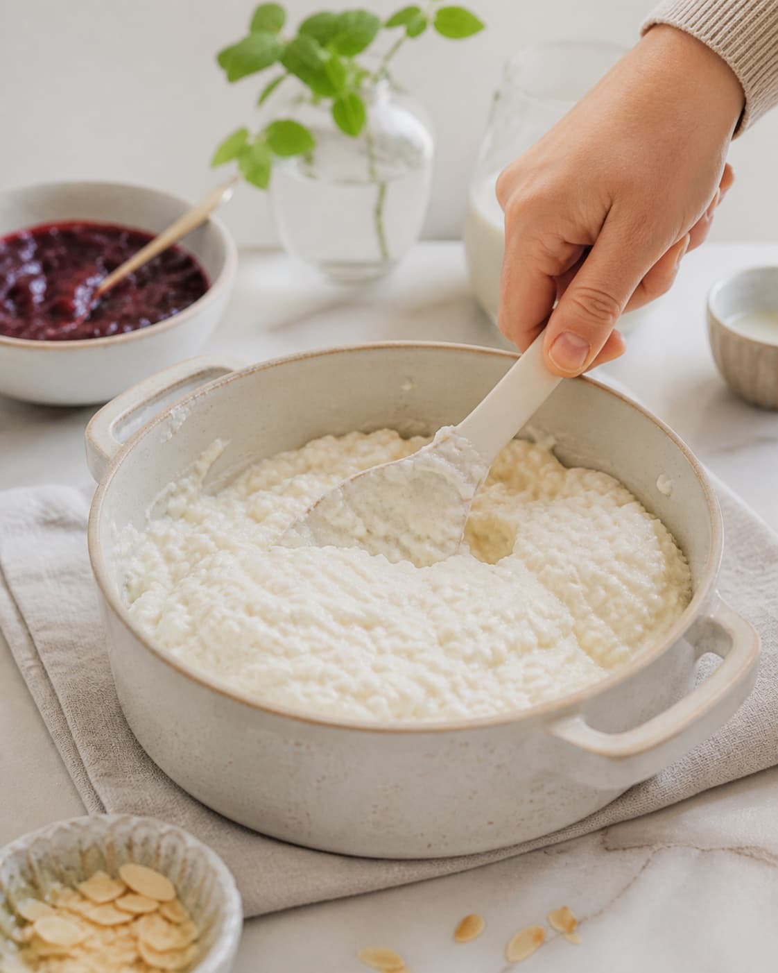 The texture of klassisk risalamande being adjusted in the pot under tilberedningen af klassisk risalamande