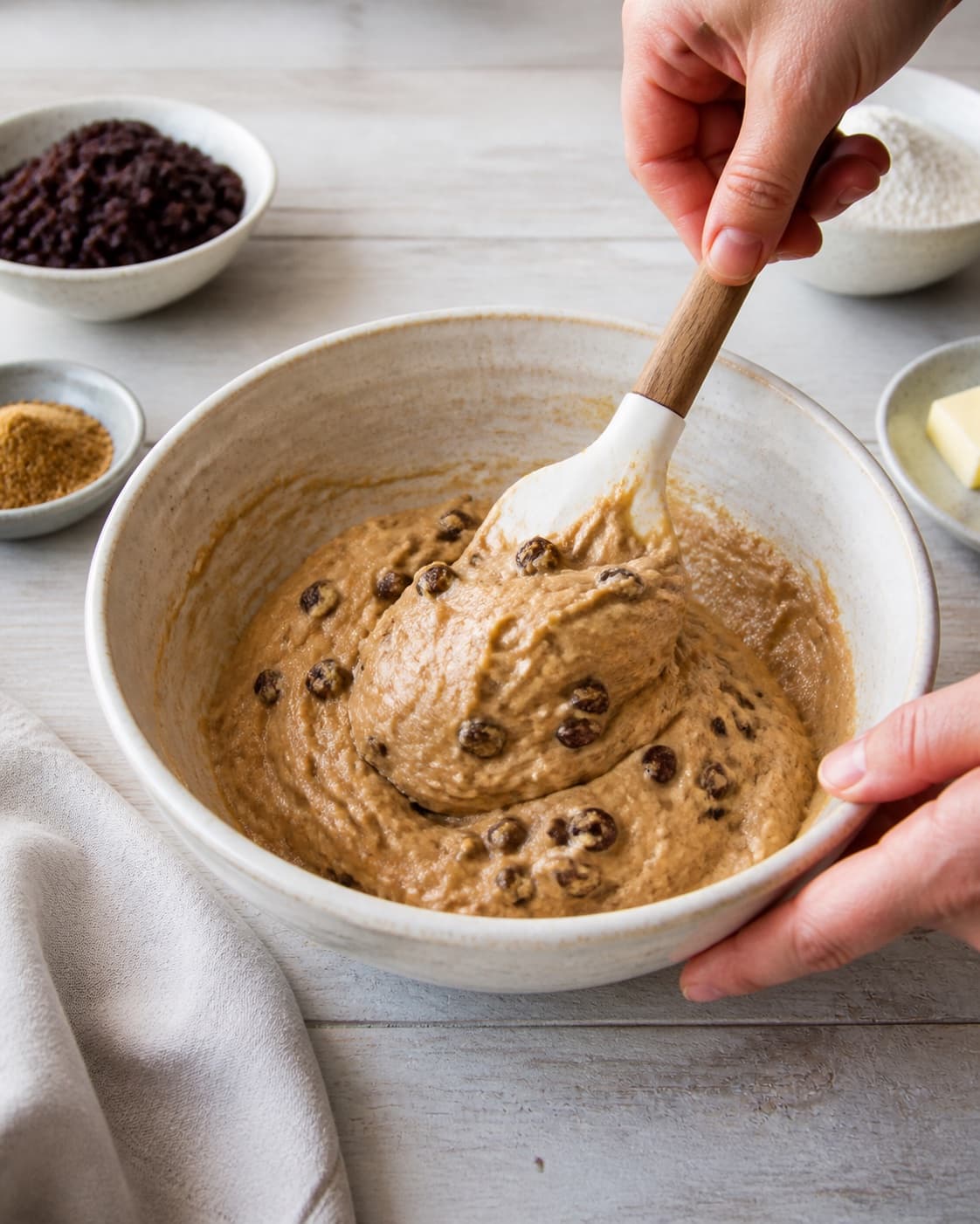 The batter or dough for krydderkage med rosiner being gently combined under tilberedningen af krydderkage med rosiner