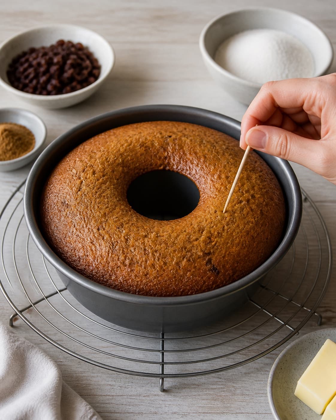 krydderkage med rosiner baking until golden with a visibly set centre under tilberedningen af krydderkage med rosiner